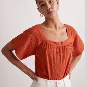 Madewell Square-Neck Short-Sleeve Popover Top in Windowpane size xs